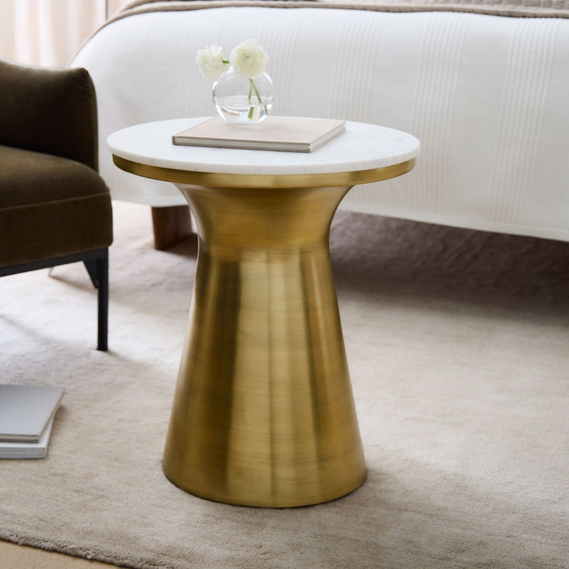 Golden Bloom Pedestal Side Table With Marble Top