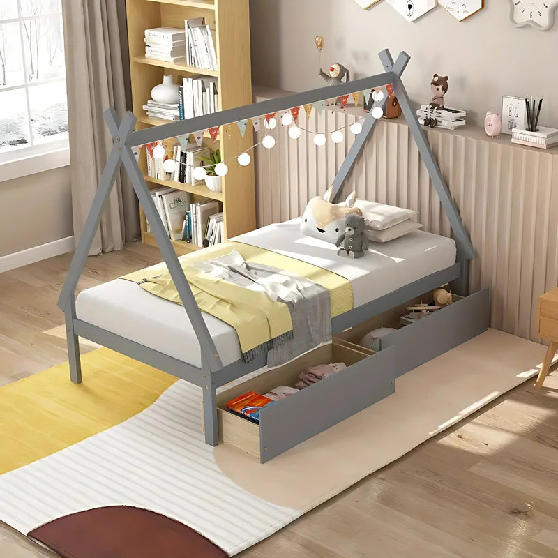 Kids Wooden Tent Bed with Storage Drawers