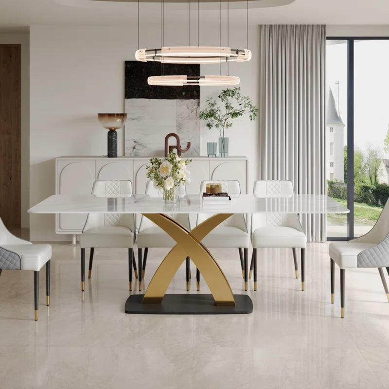 10 Seater White Rectangular Marble Dining Table With X Base