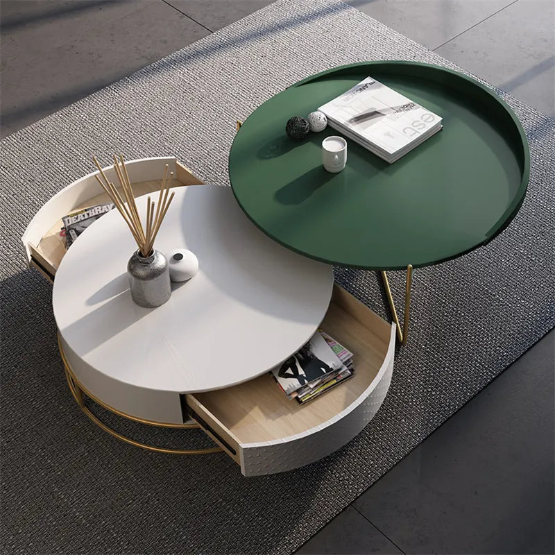 Nestle Modern Round Centre Table with Storage Rotatable Drawers
