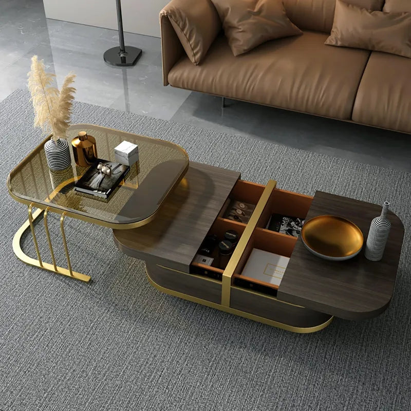 Beats Modern Nesting Coffee Table with Hidden Storage Tempered Glass Top Walnut & Gold