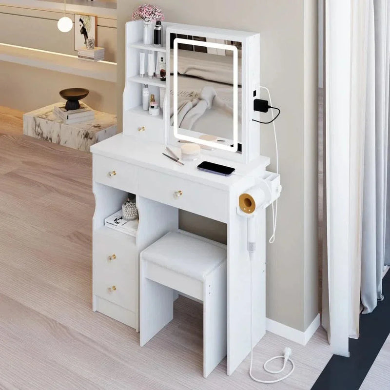 29.2" Bedside Vanity Table with LED Mirror, Power Station, Stool & Hair Dryer Holder