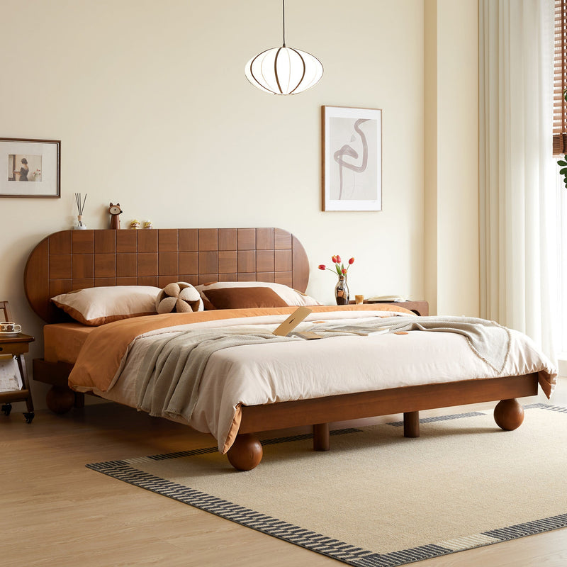 Light Walnut Sheesham Low Platform Bed with Sculptural Spherical Legs