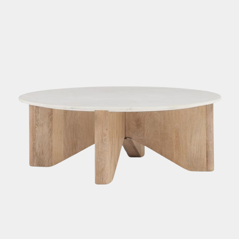 White Marble Round Coffee Table with Solid Wood Legs