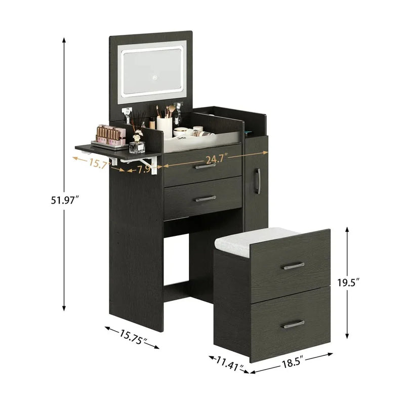 3 in 1 Vanity Desk with Plip Top Mirror and 3 Color LED Lighted