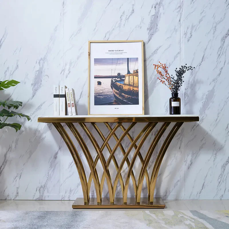 Chloe Luxurious Rectangular Console Table with White Marble Top and Brushed Golden Base