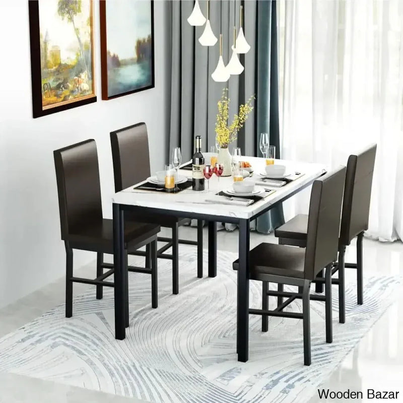 4 Seater Faux Marble Top Dining Set - Wooden Empiro