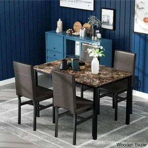 4 Seater Faux Marble Top Dining Set - Wooden Empiro Brown