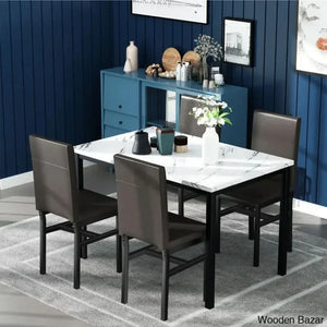 4 Seater Faux Marble Top Dining Set - Wooden Empiro White