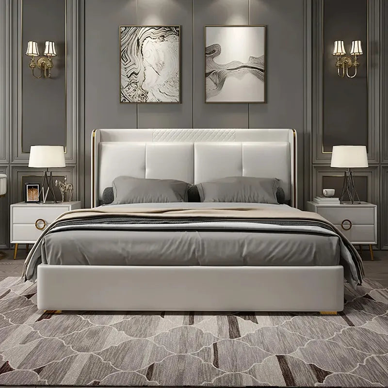 Top-Notch Luxury Off White Upholstered Leatherette Bed With Storage