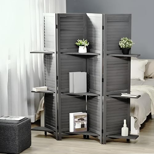 KRAFTEE Wooden Room Divider Partition-Foldable Wood Screen Divider for Office, Restaurant, Living Room, Bedroom, and Patti Design - Four Panels with Three Shelves-Black