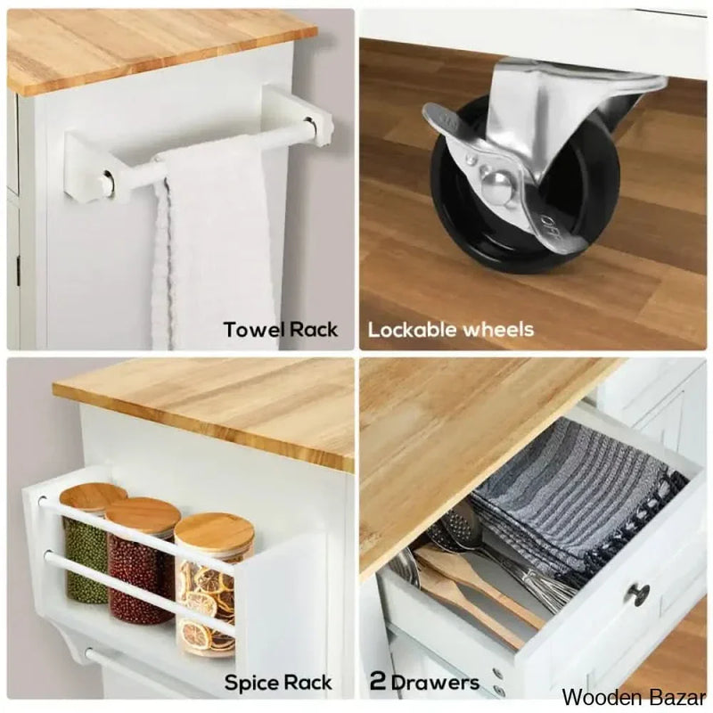 43.3'' Wide Rolling Kitchen Island with Storage and Solid Wood Top Kitchen trolley cart cabinet kitchen island with storage