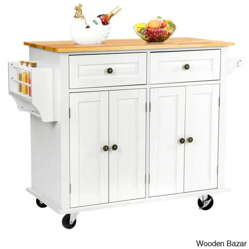 43.3'' Wide Rolling Kitchen Island with Storage and Solid Wood Top Kitchen trolley cart cabinet kitchen island with storage