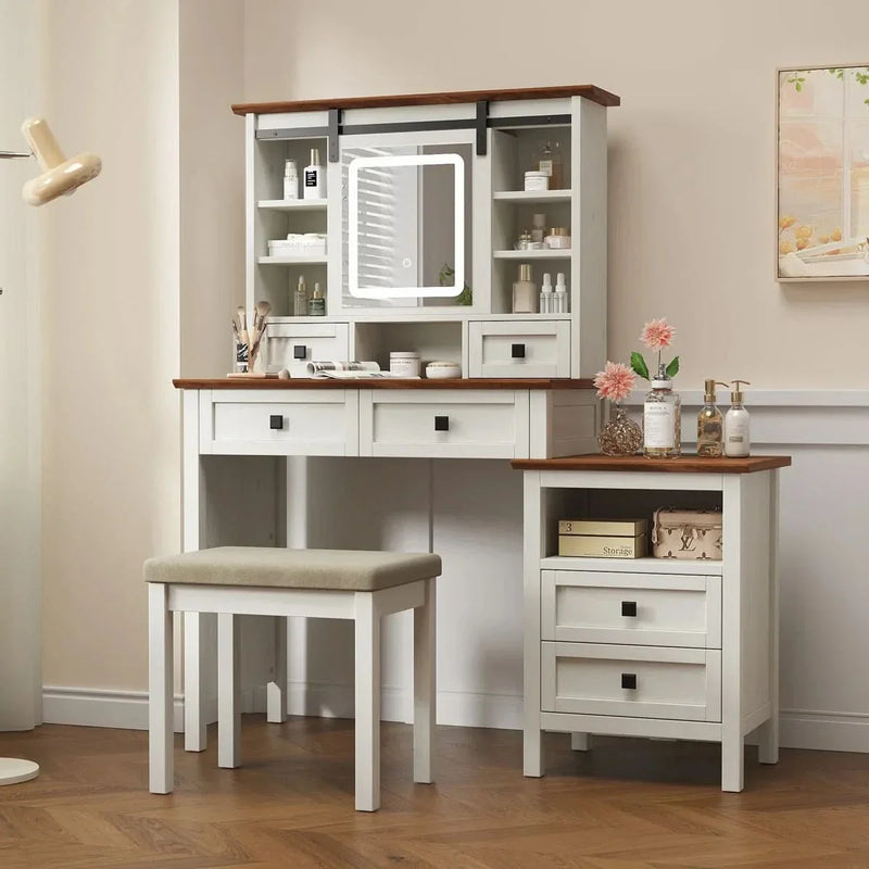 46.5'' Farmhouse Makeup Vanity Desk With LED Lighted Mirror And Charging Station