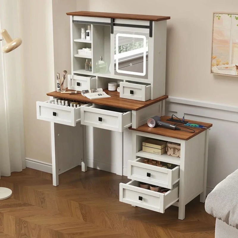 46.5'' Farmhouse Makeup Vanity Desk With LED Lighted Mirror And Charging Station