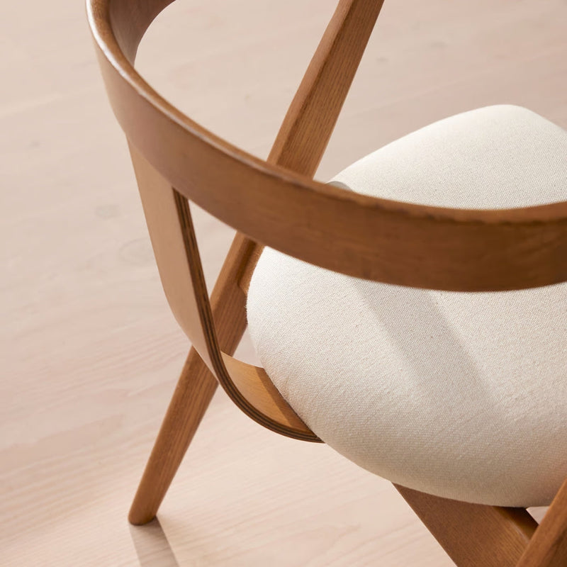 Natural Wood Dining Chair with Beige Upholstery