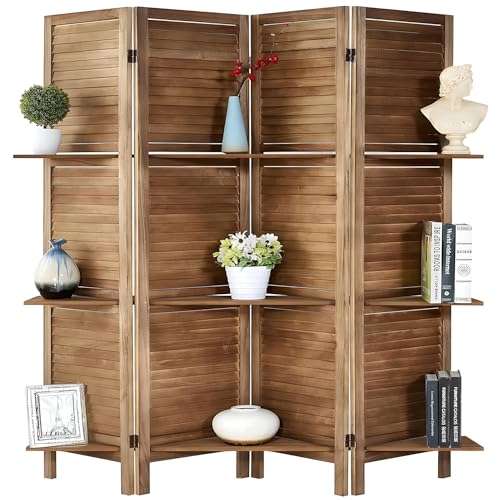 KRAFTEE Wooden Room Divider Partition-Foldable Wood Screen Divider for Office, Restaurant, Living Room, Bedroom, and Patti Design - Four Panels with Three Shelves-Black
