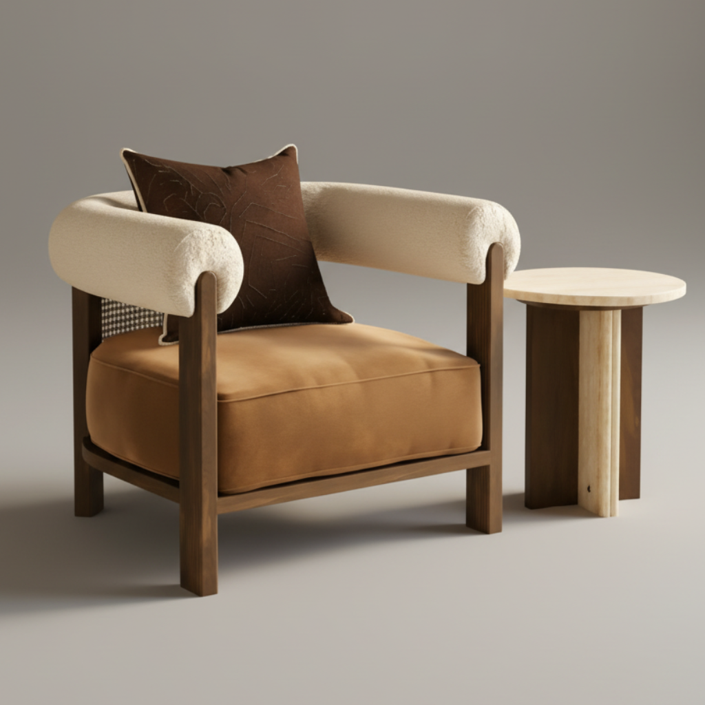 Ember Boucle Chair – Wood & Leather Lounge