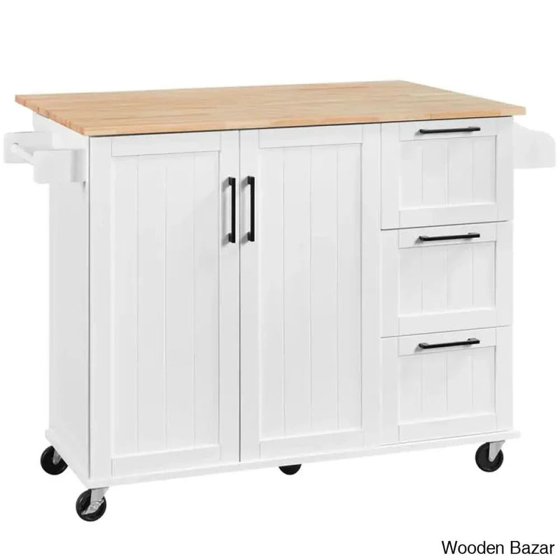 53'' Wide Rolling Kitchen Cart with Solid Wood Top Kitchen trolley cart cabinet kitchen island with storage