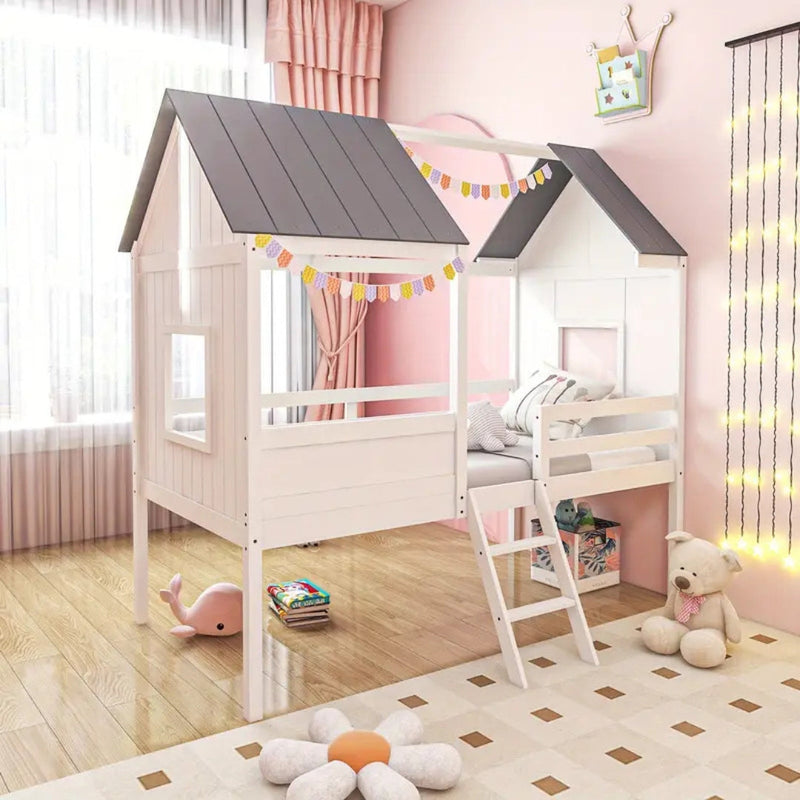 Low Loft Wooden House Bed for Kids With Ladder