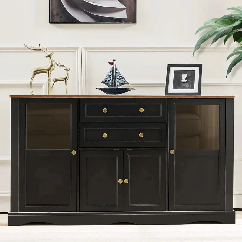 55''Large Wave Base Dining Cabinet with 4 Doors and 2 Drawers