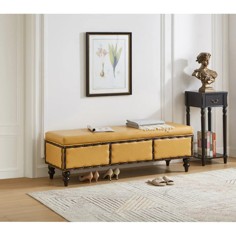 Large Classic Upholstered Storage Bench, Waxed Leather Flip Top Ottoman