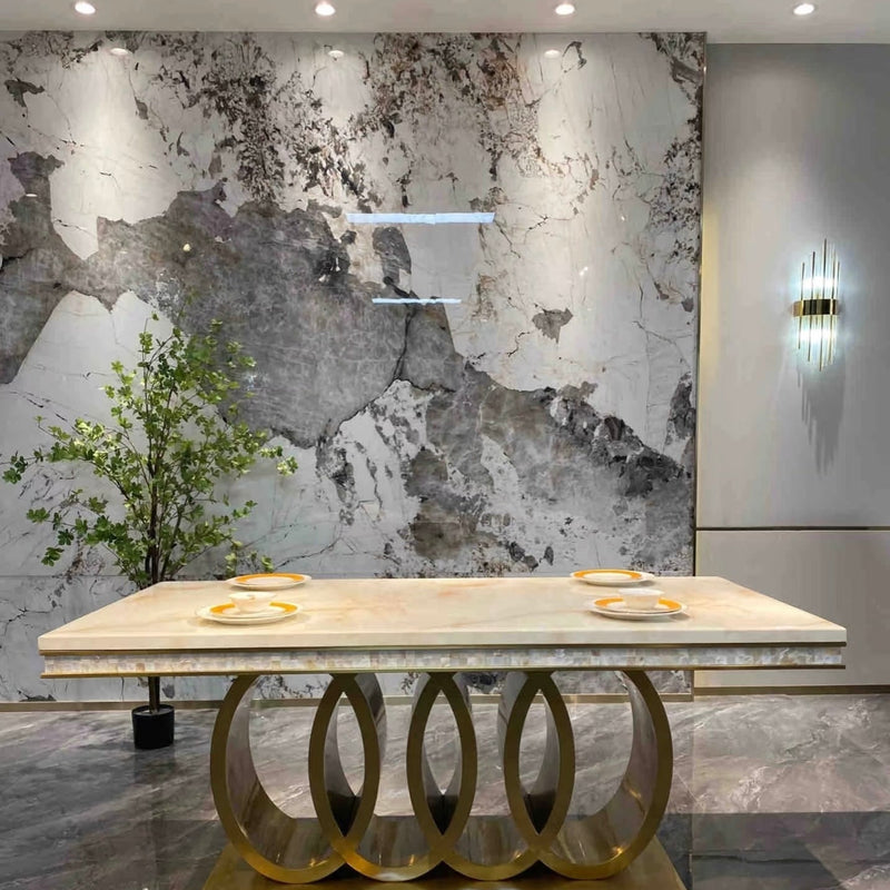 Zephyr Luxurious Gold Stainless Steel Dining Table with Marble Countertop for European Villa-style Large Dining Rooms