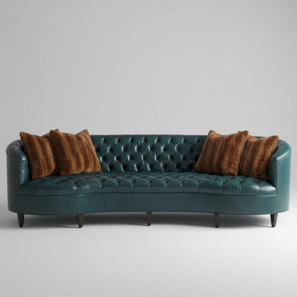 Sapphire Tuck — Curved Velvet Sofa, made to order by Wooden Empiro