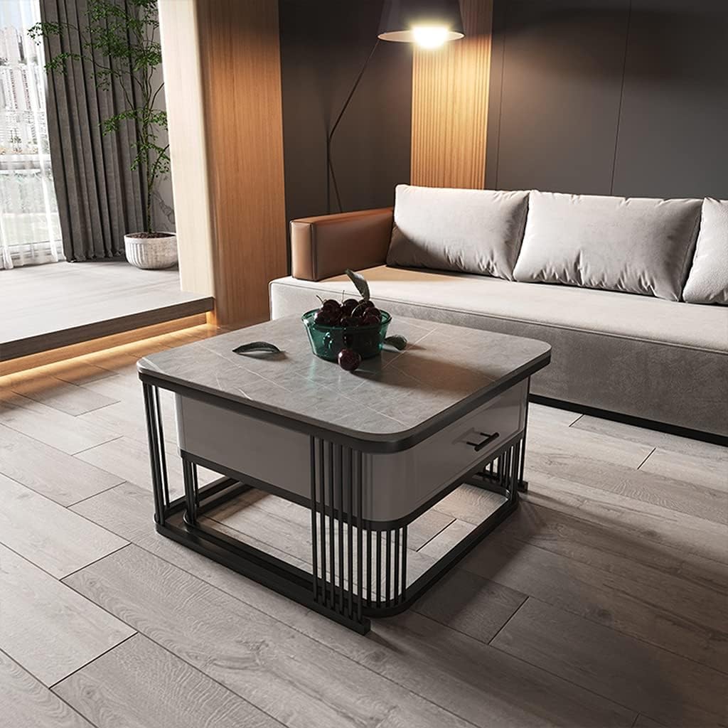Iron Frame Handmade with Drawer Square 20"x20" Coffee Table/Stacking Tea Table/Luxury Sofa Center Table with Marble Look Engineered Wood Top for Living Room/Drawing Room (Grey)
