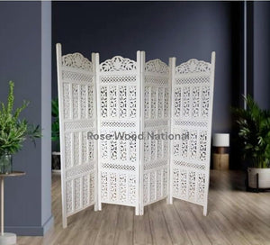 Wooden Room Divider 6 Feet, 4-Panel Folding Wooden Partition for Living Room, Office, Pooja Room, Restaurant, Kitchen & Balcony (2W x 1.82H Meters). (White-Cone Pattern)