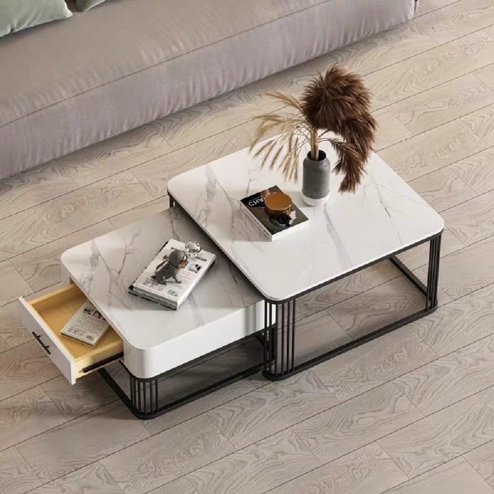 Iron Frame Handmade with Drawer Square 20"x20" Coffee Table/Stacking Tea Table/Luxury Sofa Center Table with Marble Look Engineered Wood Top for Living Room/Drawing Room (Grey)