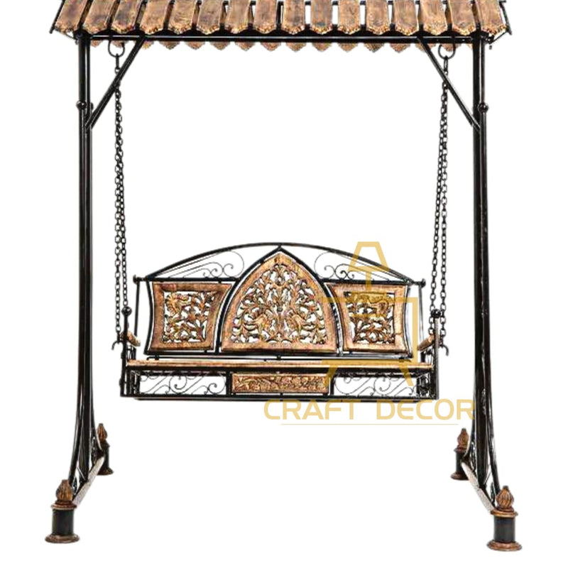 CRAFT DECOR Swing Chairs For Balcony With Stands , Swing Chair Jhoola For Indoor And Outdoor Garden With Wooden Roof , Solid Wood And Wrought Iron Jhoola For Balcony , Hammock Swing , Cradle Swing For Home And Garden