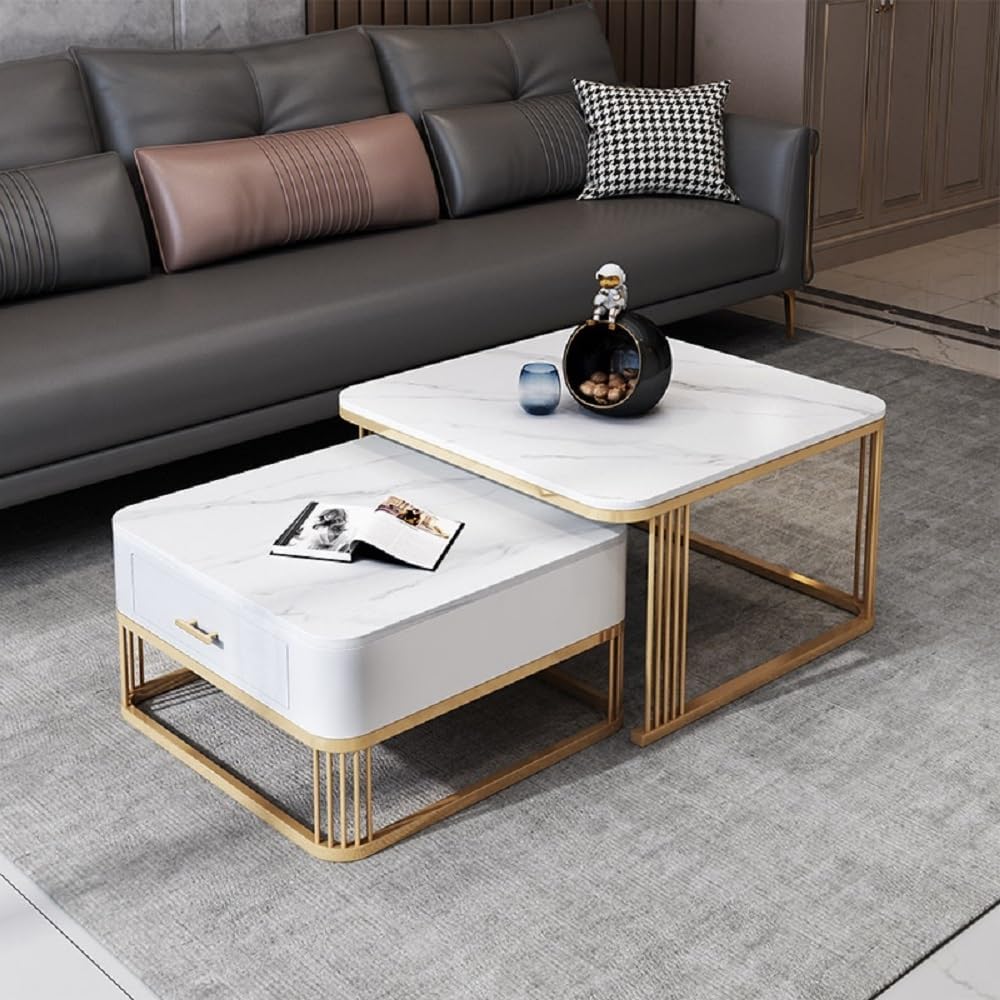 Iron Frame Handmade with Drawer Square 20"x20" Coffee Table/Stacking Tea Table/Luxury Sofa Center Table with Marble Look Engineered Wood Top for Living Room/Drawing Room (Grey)