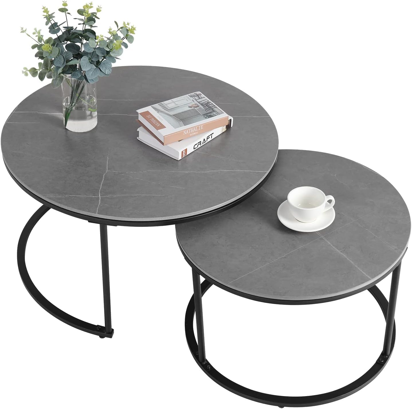 ETILAN Elegant Gold Metal Frame MDF Faux Marble top, Coffee Table Set 2 Piece, Stacking Nesting Center Table Glossy Stacking Tea Table Modernity to Any Living Room (White & Golden)