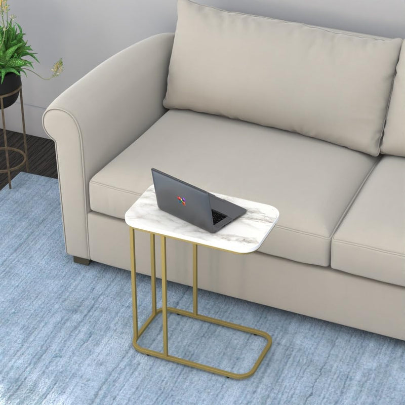 DECOWORLD|| Metal Side Table with Marble Finish Wooden Top for Living Room, Sofa or Bed Side Stand