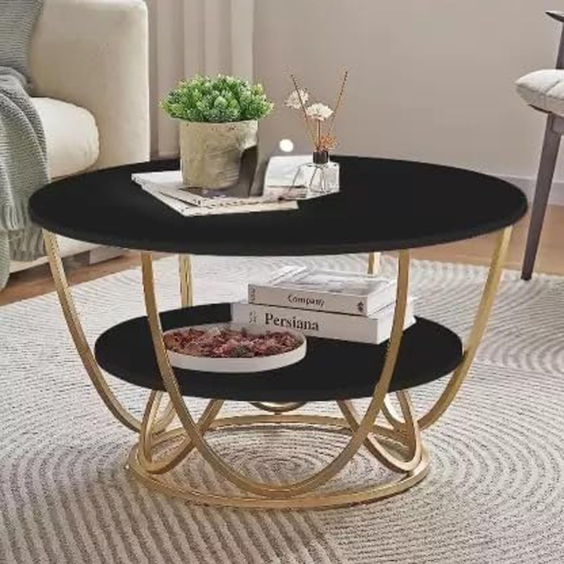 CRAFT DECOR Engineered Wood Top with Marble Finish Indiana Bowed Round Coffee Table for Living Room | Office | Restaurant