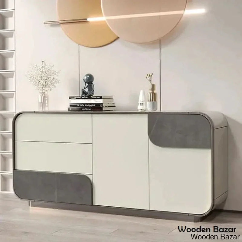 63" Modern Off White Sideboard Buffet with Storage Gray Sintered Stone Credenza - Wooden Empiro