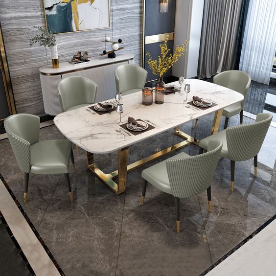 Minimalist stainless steel and Faux marble table design with luxurious golden accents.
