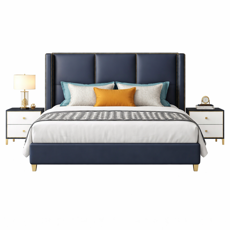 Zen Modern Upholstered Luxury Bed In Blue Leatherette