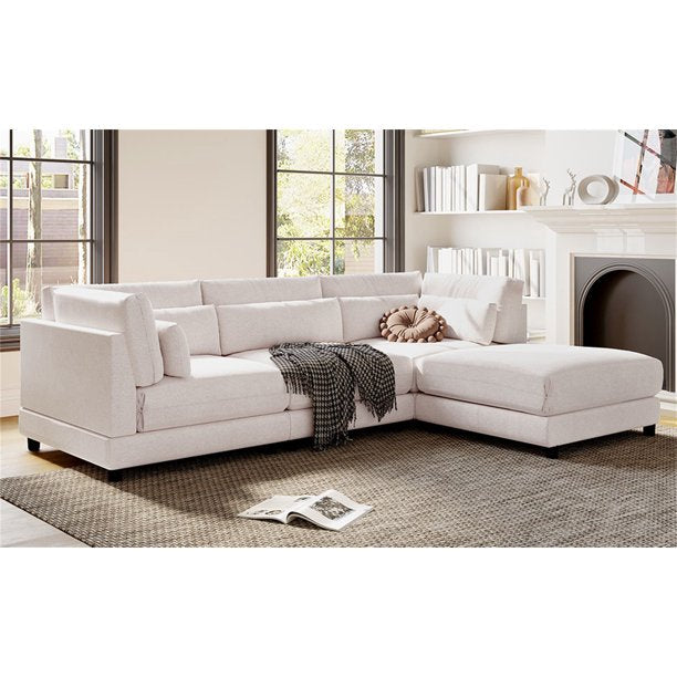 Ritzy Minimalist Upholstered Modular L-Shaped Sofa Couch with Ottoman