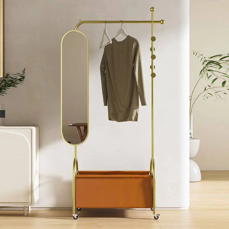 Alen Decorative Full Length Standing Floor Mirror Decor in Gold with Marble Base With Basket