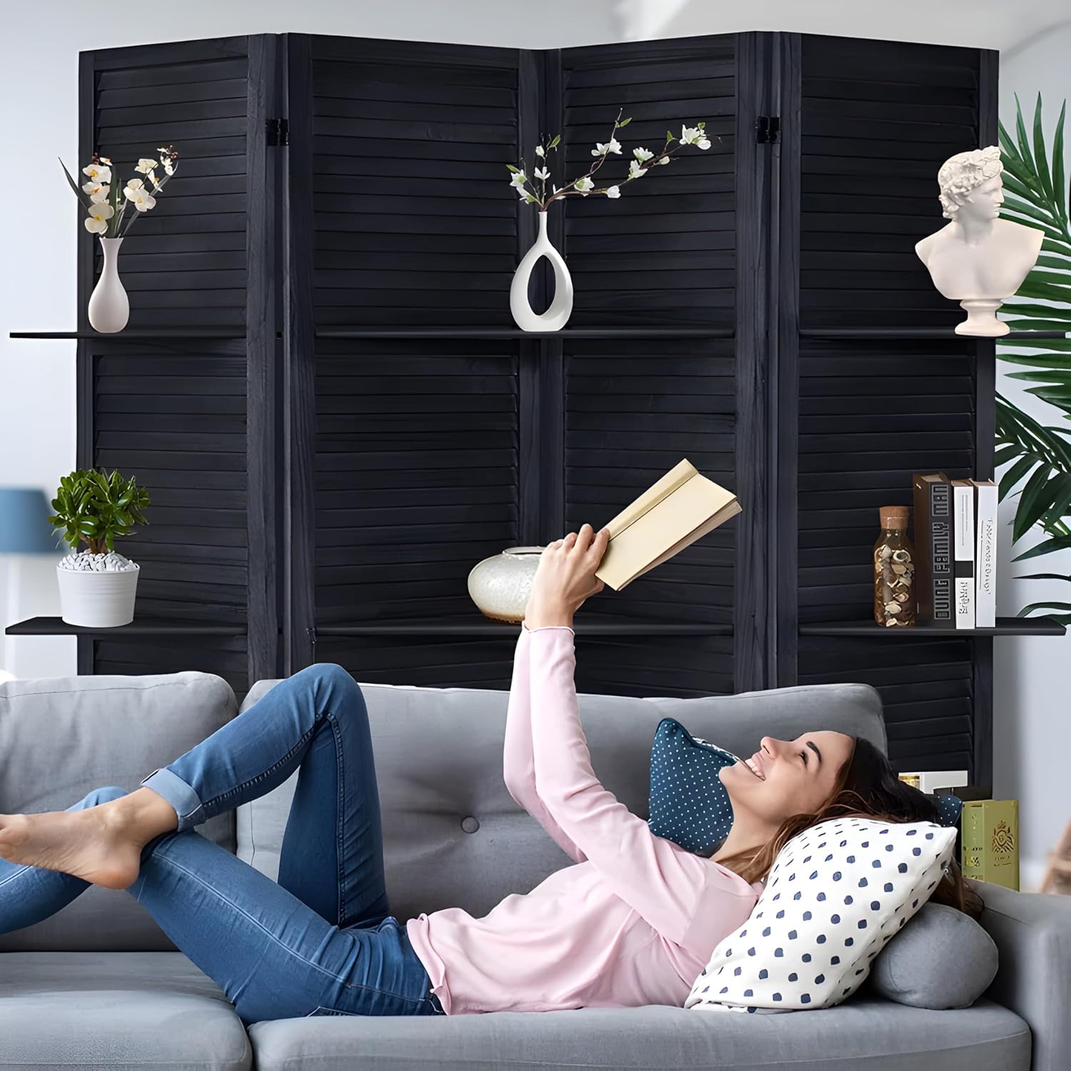 KRAFTEE Wooden Room Divider Partition-Foldable Wood Screen Divider for Office, Restaurant, Living Room, Bedroom, and Patti Design - Four Panels with Three Shelves-Black