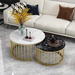 WOODWALLZ Center Table of 2 Tables,Coffee Table Round Tea Table Modern End Table Side Table with Sturdy Metal Legs for Living Room Lounge or Small Space (Black)