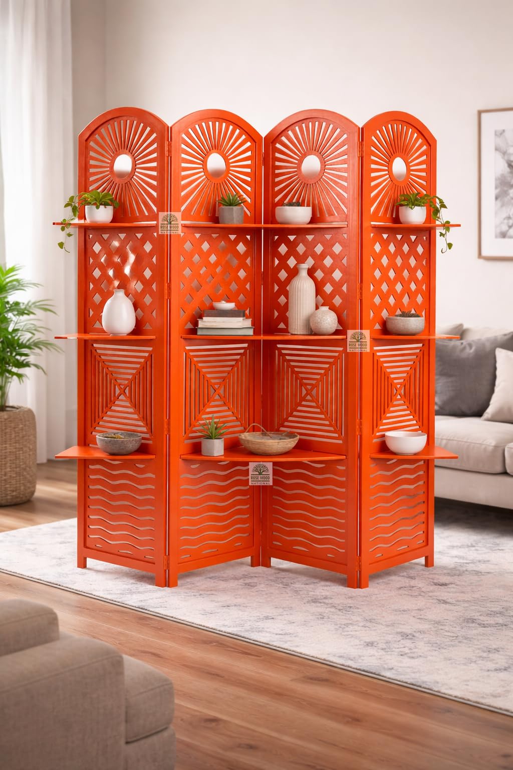 Wooden Room Divider 6 Feet, 4-Panel Folding Wooden Partition for Living Room, Office, Pooja Room, Restaurant, Kitchen & Balcony (2W x 1.82H Meters). (White-Cone Pattern)