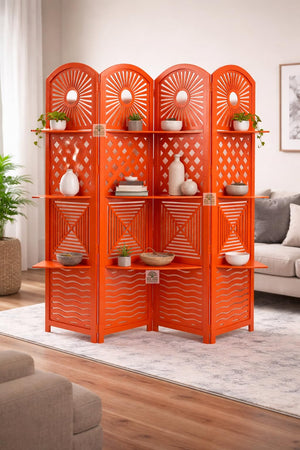 Wooden Room Divider 6 Feet, 4-Panel Folding Wooden Partition for Living Room, Office, Pooja Room, Restaurant, Kitchen & Balcony (2W x 1.82H Meters). (White-Cone Pattern)