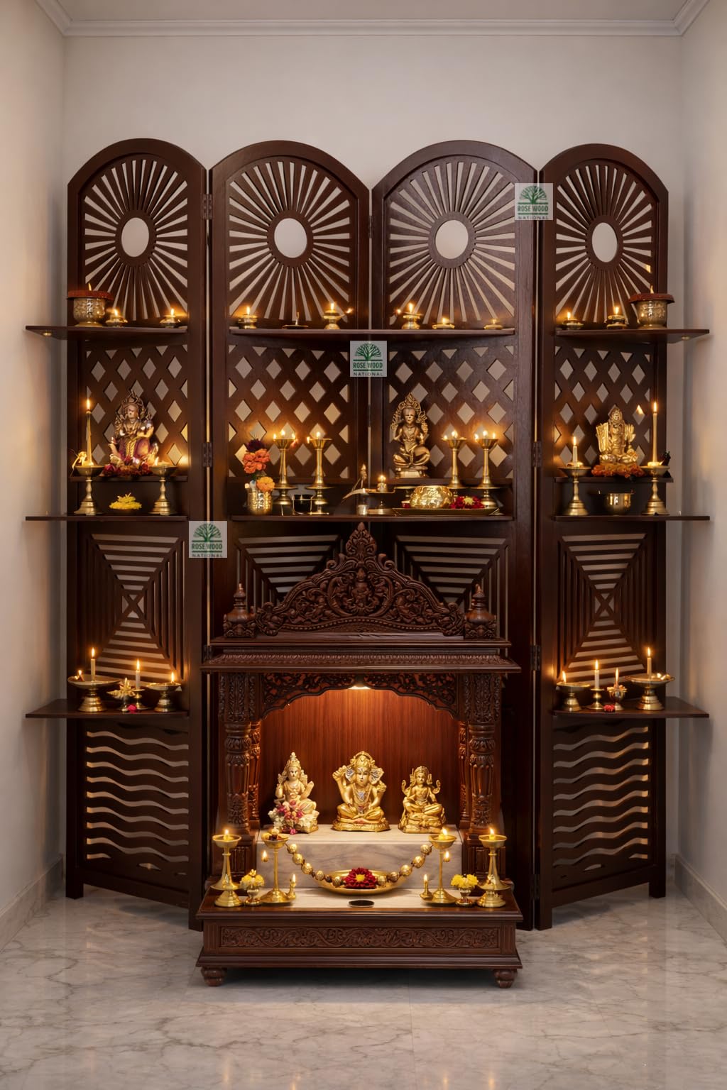 Wooden Room Divider 6 Feet, 4-Panel Folding Wooden Partition for Living Room, Office, Pooja Room, Restaurant, Kitchen & Balcony (2W x 1.82H Meters). (White-Cone Pattern)