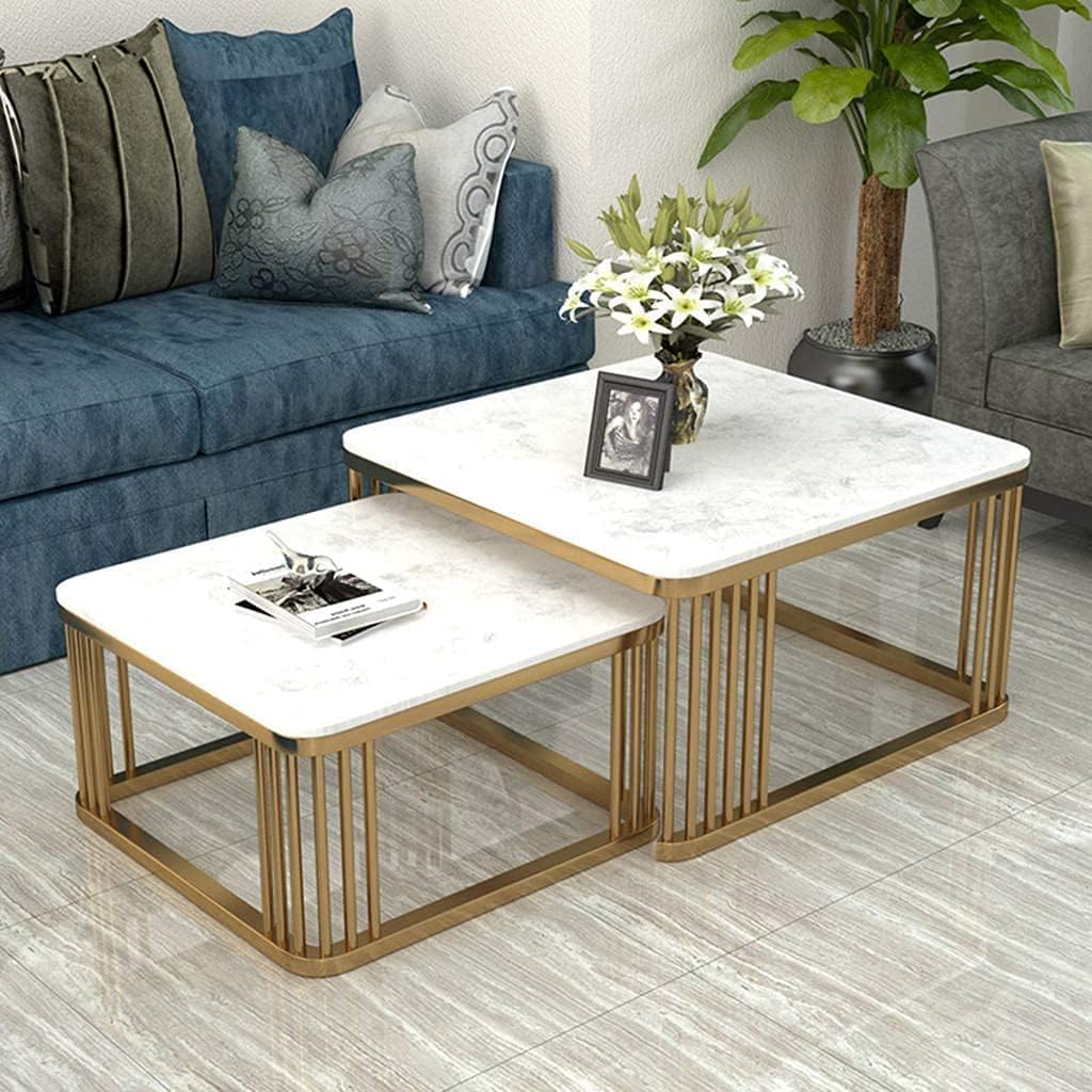 Elegant Iron Frame Handmade Square 20"x20" Coffee Table Set of 2 Piece, Marble Look Nesting Table/Side Table/Center Table for Living Room/Drawing Room/Balcony (Black & Grey)
