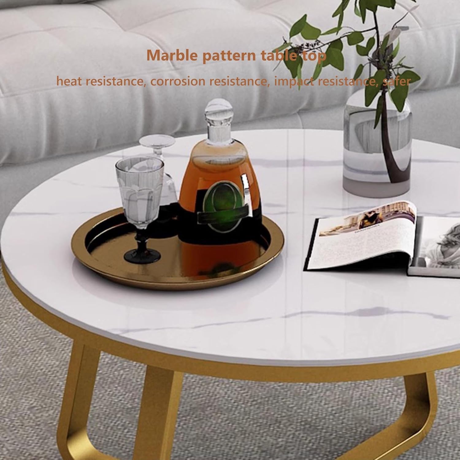 Coffee Table Round Tea Table Contemporary Multifunctional Centre Table for Living Room, Bedroom or Apartment with Sturdy Metal Frame (Gold White)
