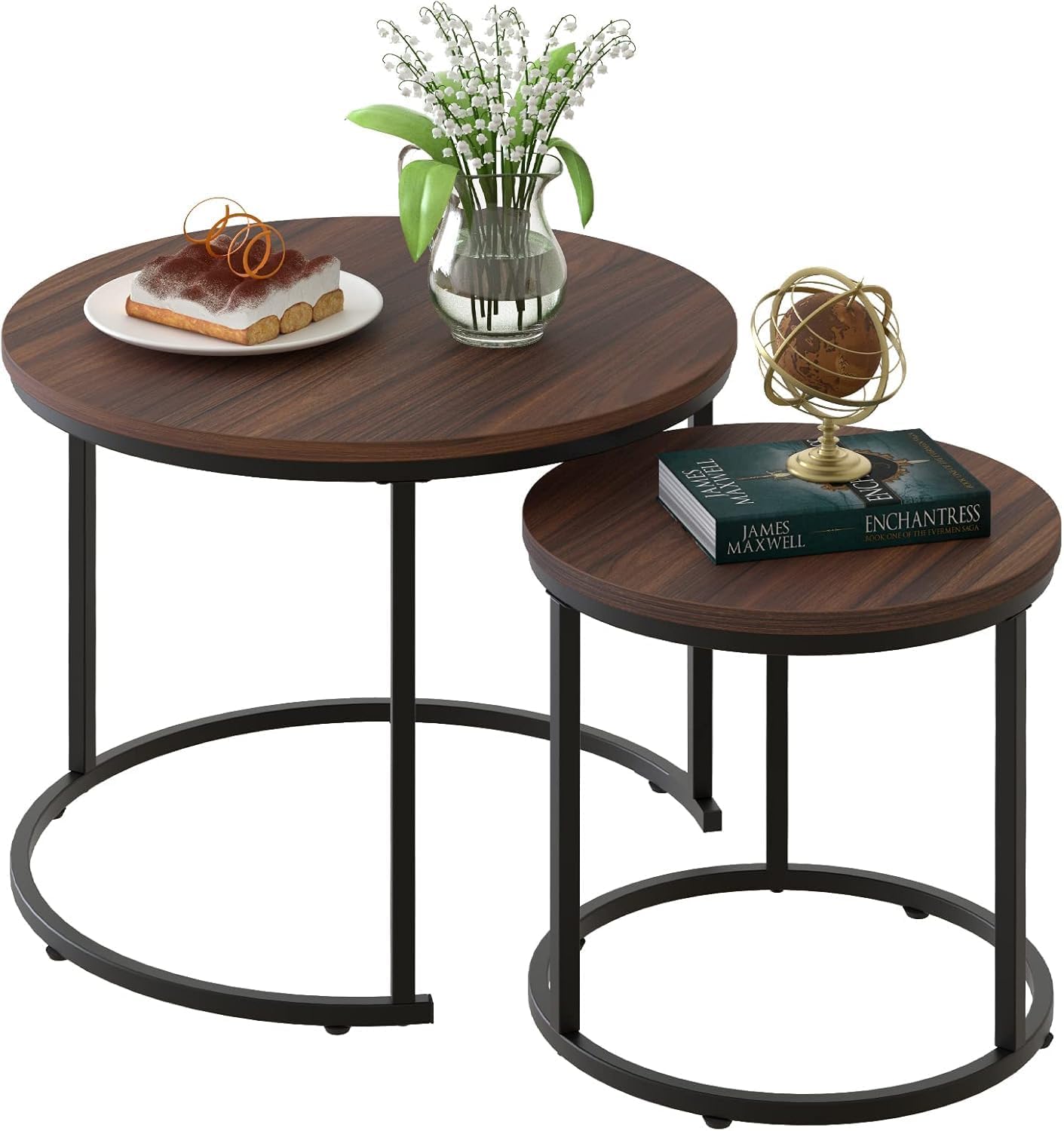 ETILAN Elegant Gold Metal Frame MDF Faux Marble top, Coffee Table Set 2 Piece, Stacking Nesting Center Table Glossy Stacking Tea Table Modernity to Any Living Room (White & Golden)
