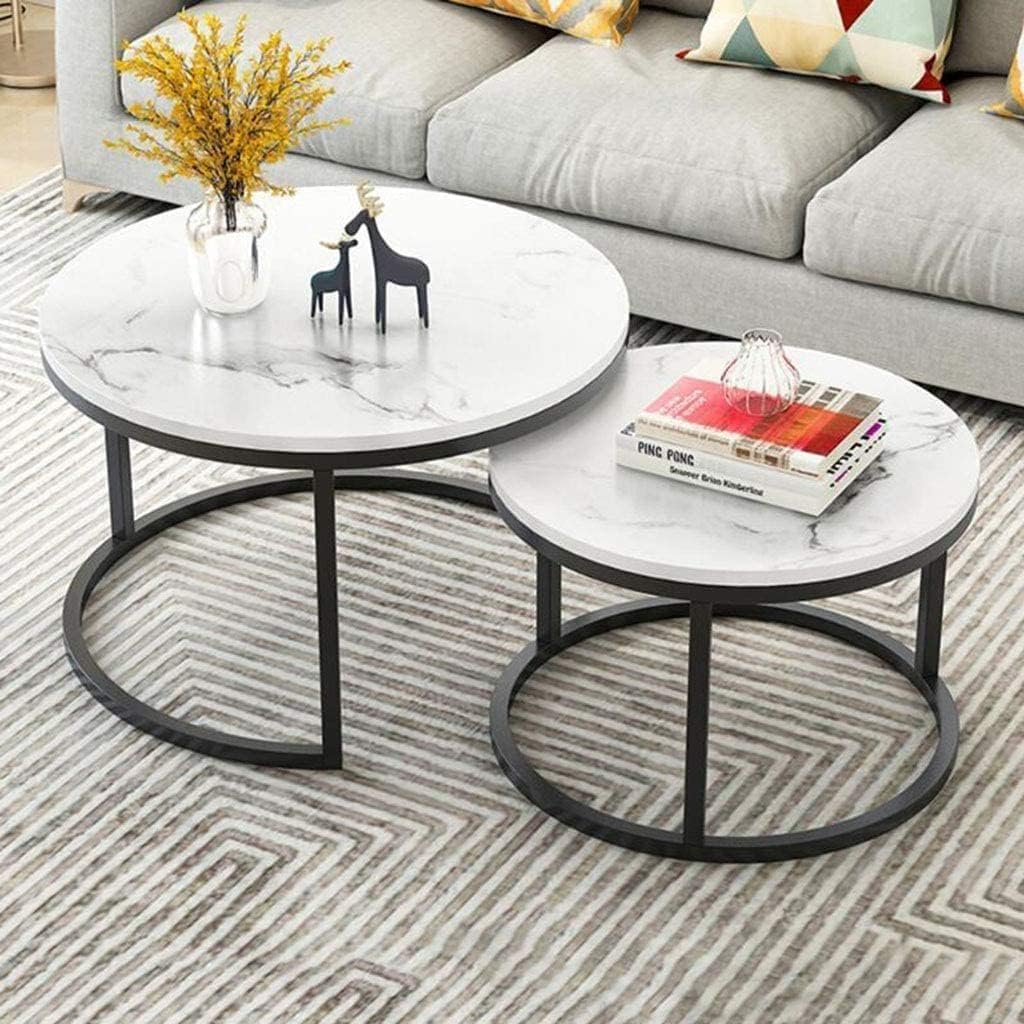 ETILAN Elegant Gold Metal Frame MDF Faux Marble top, Coffee Table Set 2 Piece, Stacking Nesting Center Table Glossy Stacking Tea Table Modernity to Any Living Room (White & Golden)
